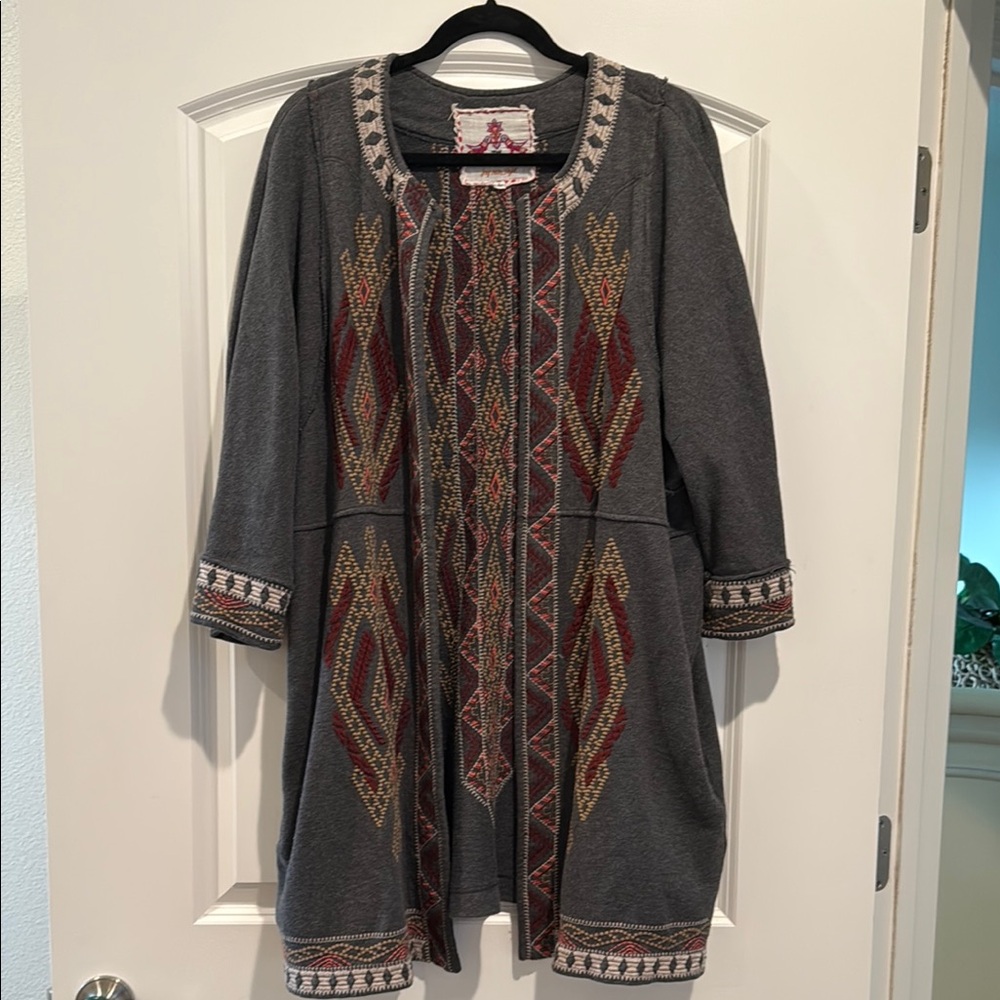 Johnny Was Gray Embroidered Open Front Cardigan